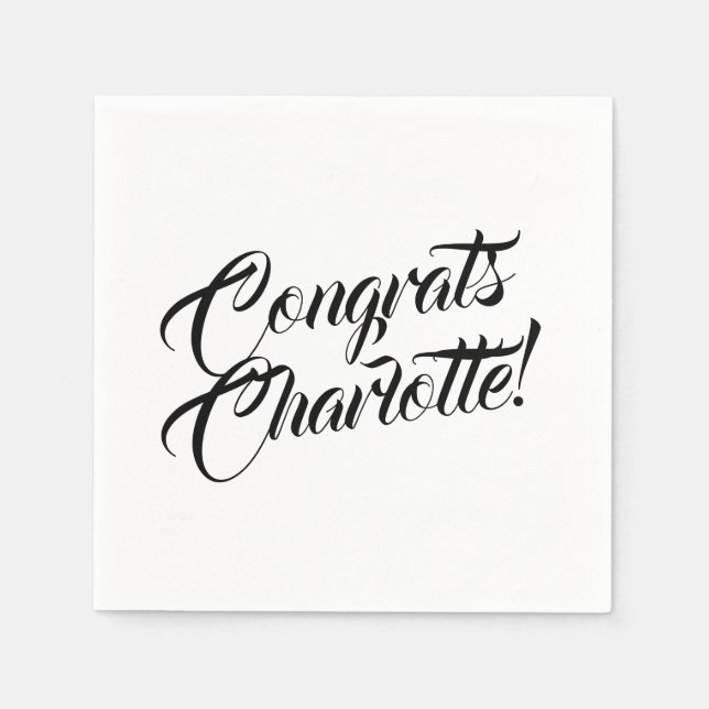 Congrats black & white custom script name elegant napkins (Front)