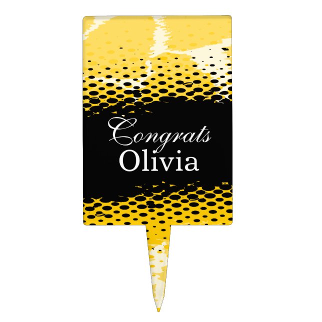 Congrats black yellow animal print name cake top topper (Front)