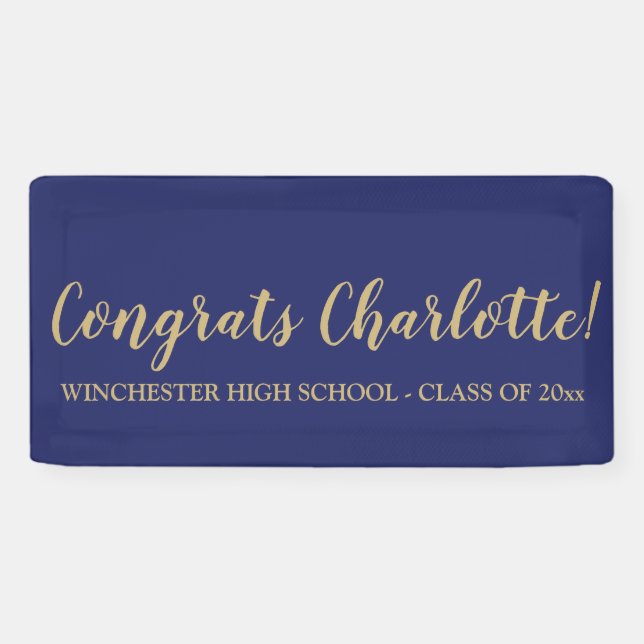 Congrats blue gold custom script text graduation banner (Horizontal)