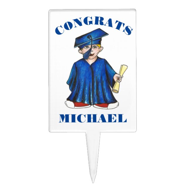 CONGRATS! Blue Graduation Boy Cap Gown Diploma Cake Topper (Front)