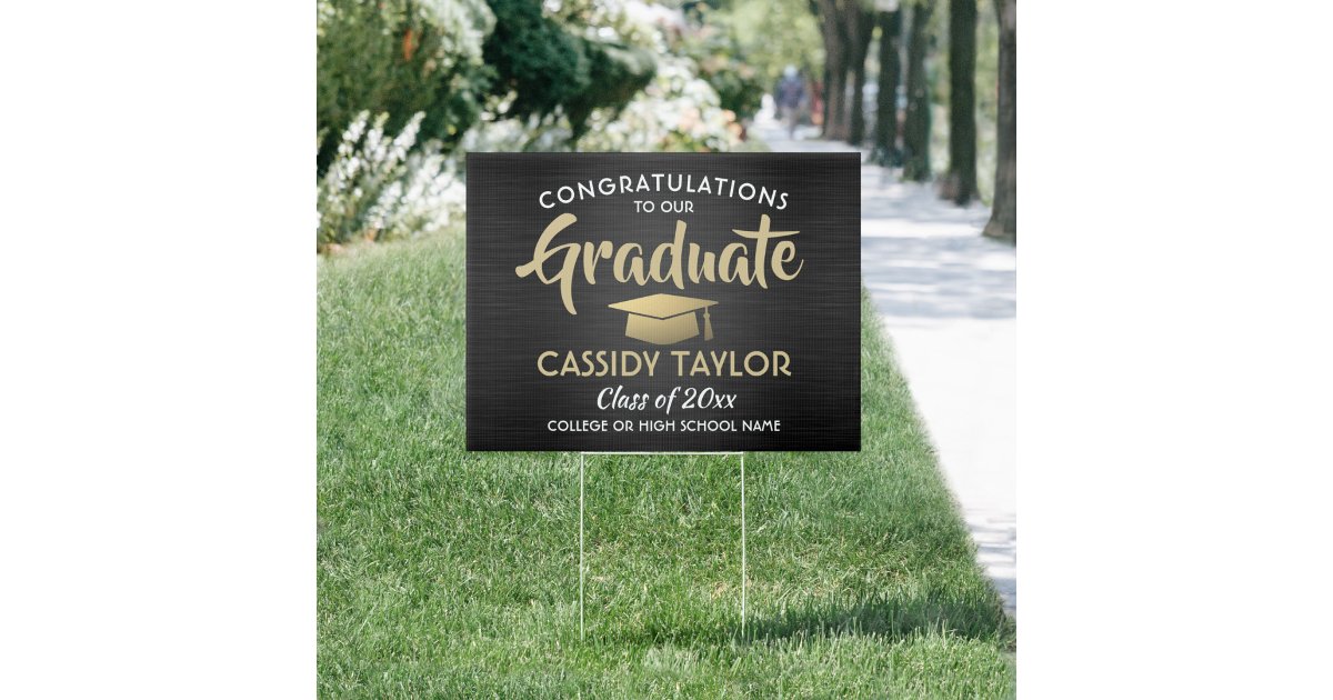 Congrats Brushed Black Gold White Graduation Yard Sign | Zazzle