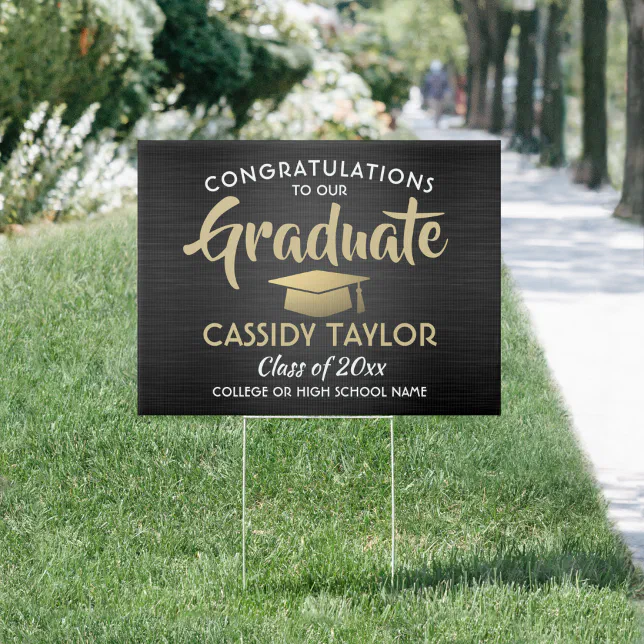 Congrats Brushed Black Gold White Graduation Yard Sign | Zazzle