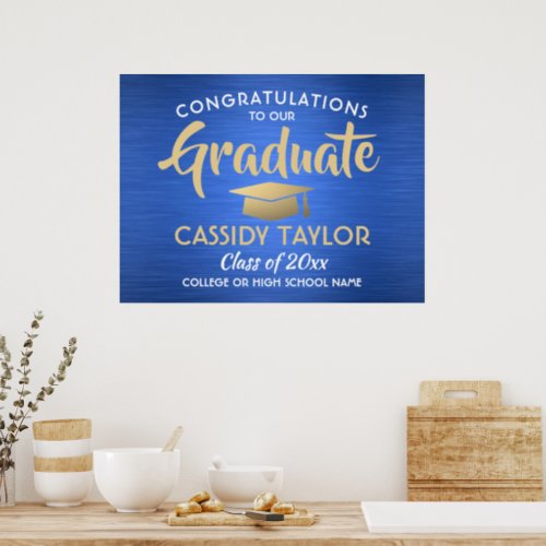 Congrats Brushed Blue Gold and White Graduation Poster