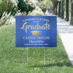 Congrats Brushed Blue Gold &amp; White Graduation Yard Sign