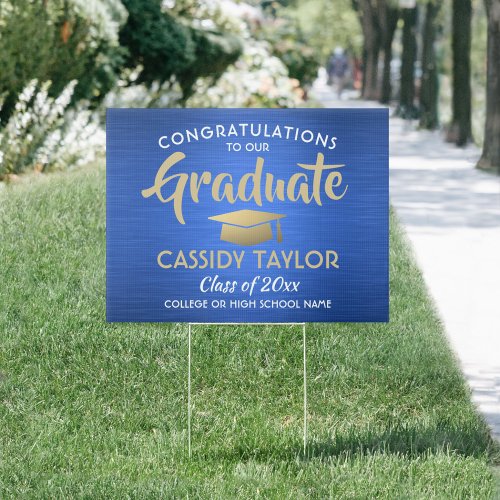 Congrats Brushed Blue Gold  White Graduation Yard Sign