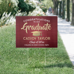 Congrats Brushed Burgundy Red Gold Graduation Yard Sign