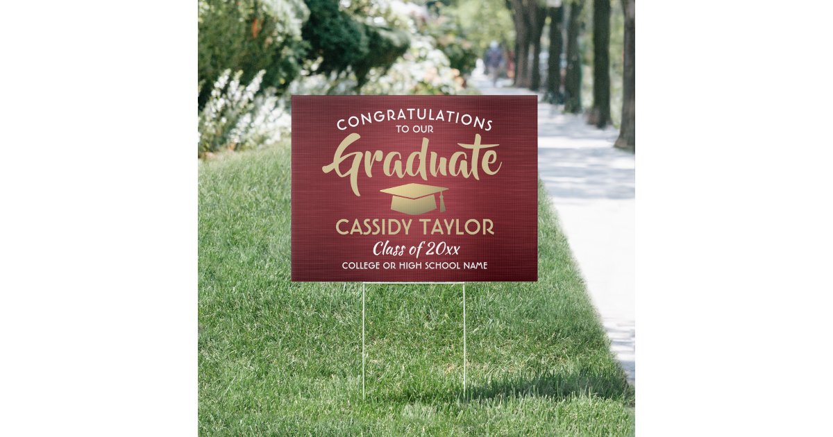 Congrats Brushed Burgundy Red Gold Graduation Yard Sign | Zazzle