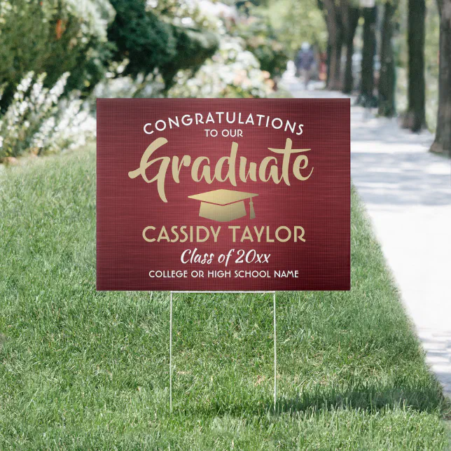 Congrats Brushed Burgundy Red Gold Graduation Yard Sign | Zazzle