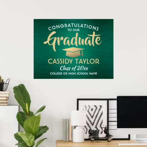 Congrats Brushed Green Gold and White Graduation Poster