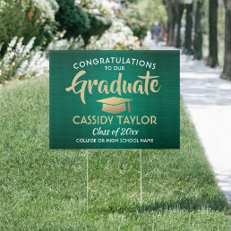 Congrats Brushed Green Gold White Graduation Yard Sign