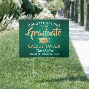 Congrats Brushed Green Gold White Graduation Yard Sign