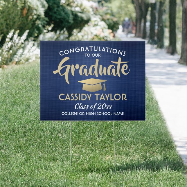 Congrats Brushed Navy Blue Gold White Graduation Sign (Creator Uploaded)