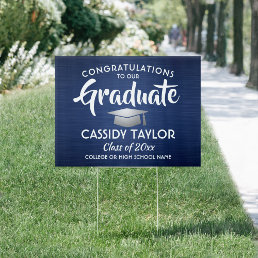 Congrats Brushed Navy Blue White Silver Graduation Sign