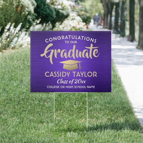 Congrats Brushed Purple Gold White Graduation Yard Sign