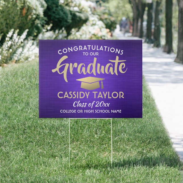 Congrats Brushed Purple Gold White Graduation Yard Sign (Creator Uploaded)