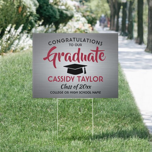 Congrats Brushed Red Gray  Black Graduation Yard Sign