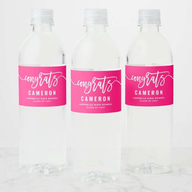 Congrats Calligraphy Hot Pink Graduation Water Bottle Label (Bottles)