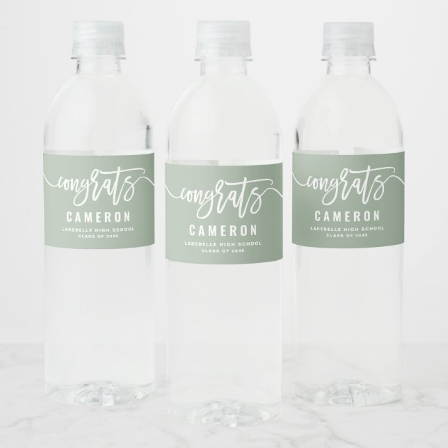 Congrats Calligraphy Sage Green Graduation Water Bottle Label (Bottles)