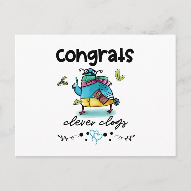 Congrats Clever Clogs Funny Cartoon Pigeon Postcard (Front)