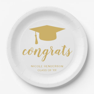 Congrats Elegant Gold and White Graduation Cap Paper Plates