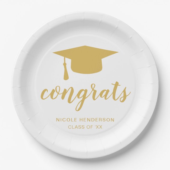 Congrats Elegant Gold and White Graduation Cap Paper Plates (Front)