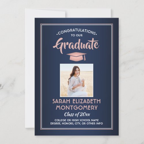 Congrats From Parents Navy  Pink Photo Graduation Invitation