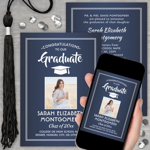 Congrats From Parents Navy White Photo Graduation Invitation