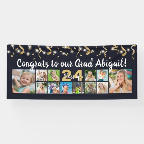 Congrats Grad 12 Photo Collage Black Gold Confetti Banner