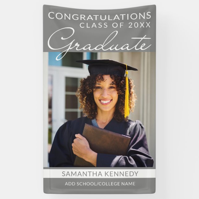 Congrats Grad 1 Photo Gray Vertical Graduation Banner (Vertical)