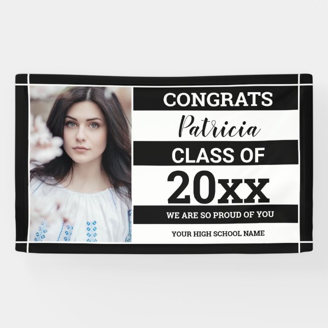 Congrats Grad 2022 Photo Graduation Black White Banner (Horizontal)