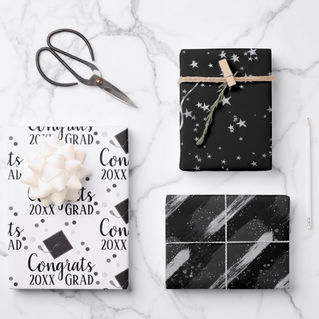 Congrats Grad 2024 Black and Silver Wrapping Paper (Front)