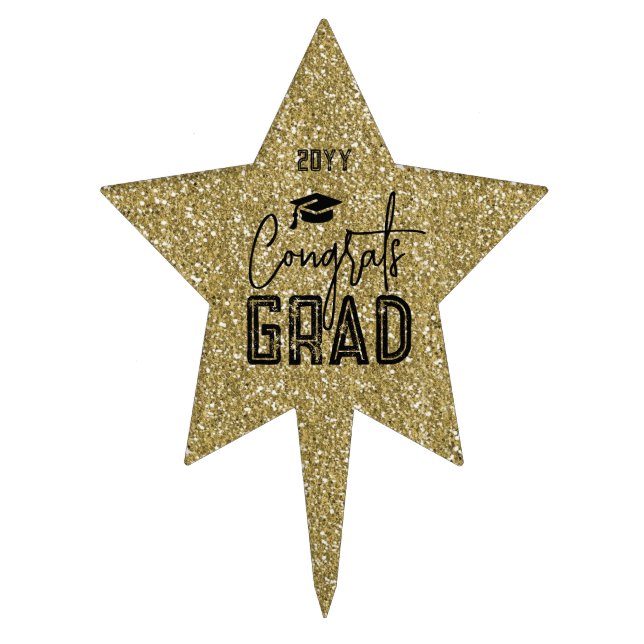 Congrats Grad 2025 Golden Glitter Star Cake Topper (Front)