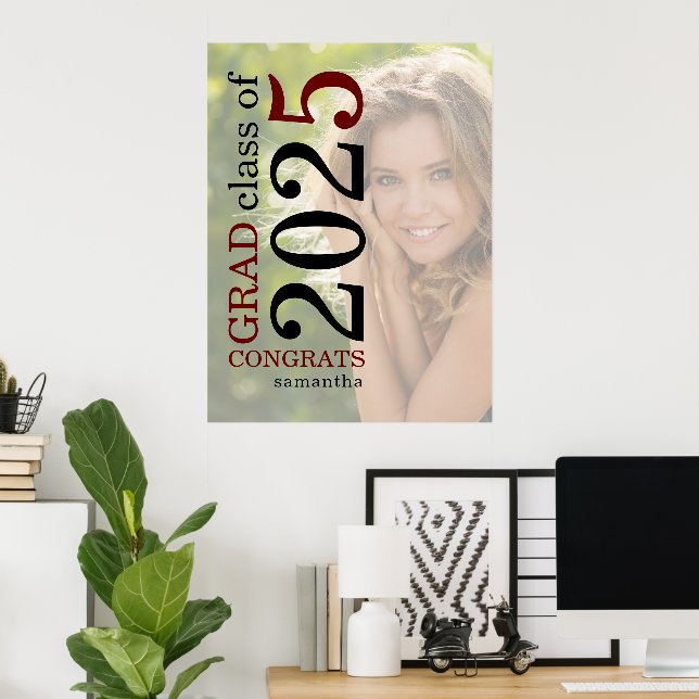 Congrats Grad 2025 Photo Overlay Burgundy Black Poster (Home Office)