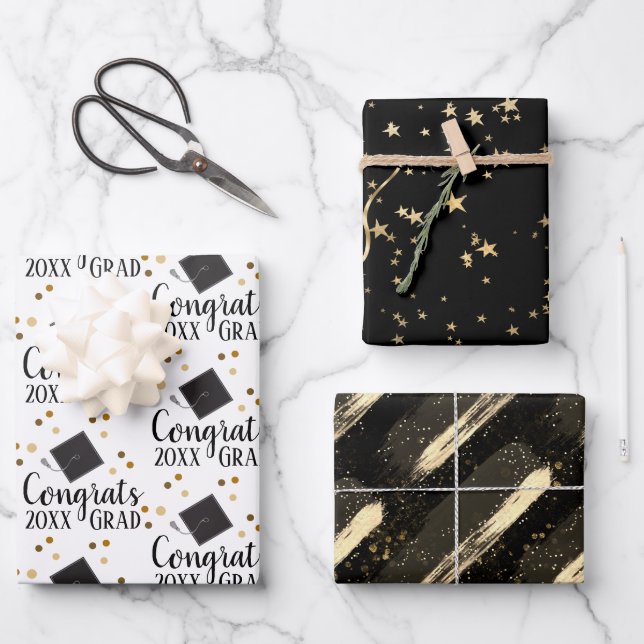 Congrats Grad 2026 Black and Gold Wrapping Paper (Front)