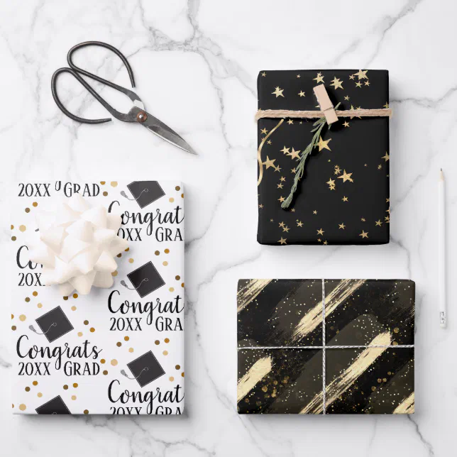 Congrats Grad 2026 Black and Gold Wrapping Paper | Zazzle