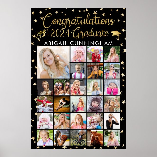 Congrats Grad 27 Photo Collage Gold Foil Black Poster (Front)