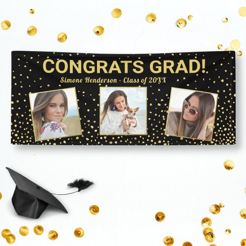 Congrats Grad 3 Photos Black Gold Glitter Custom Banner