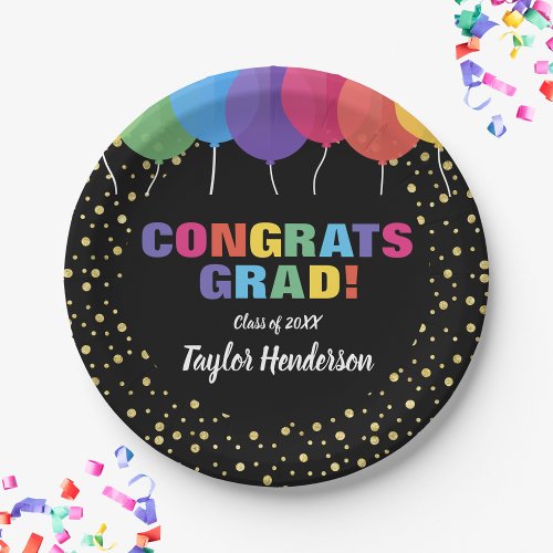 Congrats Grad Balloons Gold Confetti Graduation Paper Plates