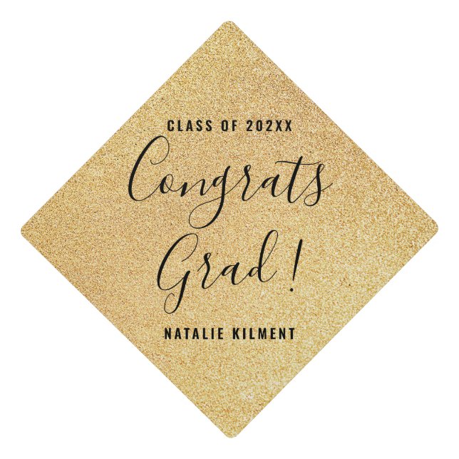 Congrats Grad Black and Gold Glitter Name Graduation Cap Topper (Front)