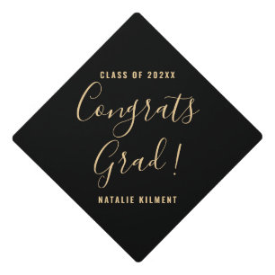 Congrats Grad Black and Gold Name Graduation Cap Topper