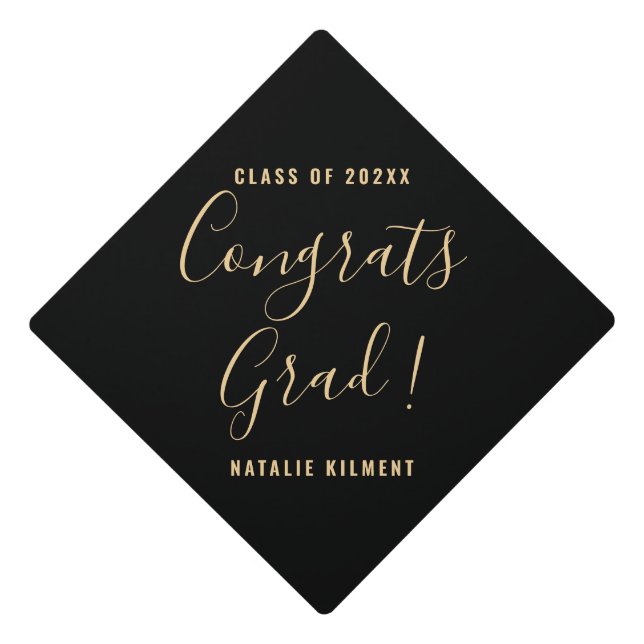 Congrats Grad Black and Gold Name Graduation Cap Topper (Front)