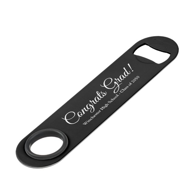 Congrats grad black custom script text class year bar key (Front Angled)
