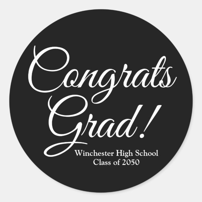 Congrats grad black elegant school class year classic round sticker (Front)