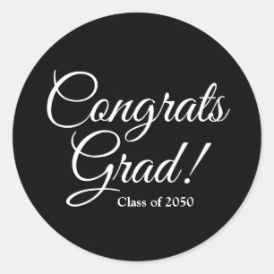 Congrats grad black elegant script class year classic round sticker