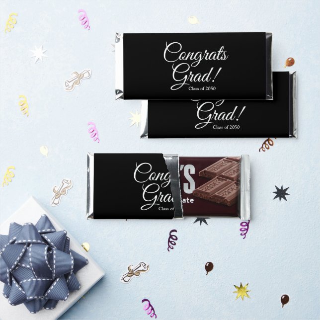 Congrats grad black elegant script class year hershey bar favors (Front)