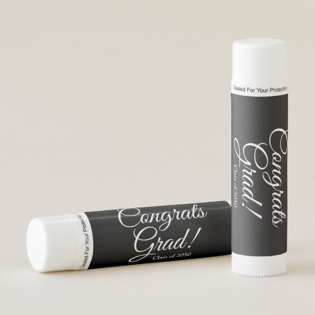 Congrats grad black elegant script class year lip balm (Front)