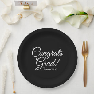 Congrats grad black elegant script class year paper plates