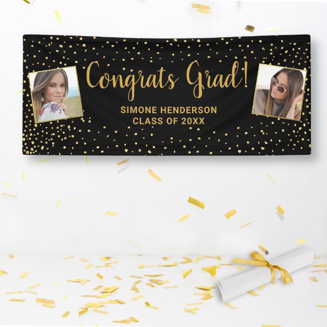 Congrats Grad Black Gold Glitter 2 Photos Custom Banner (Creator Uploaded)