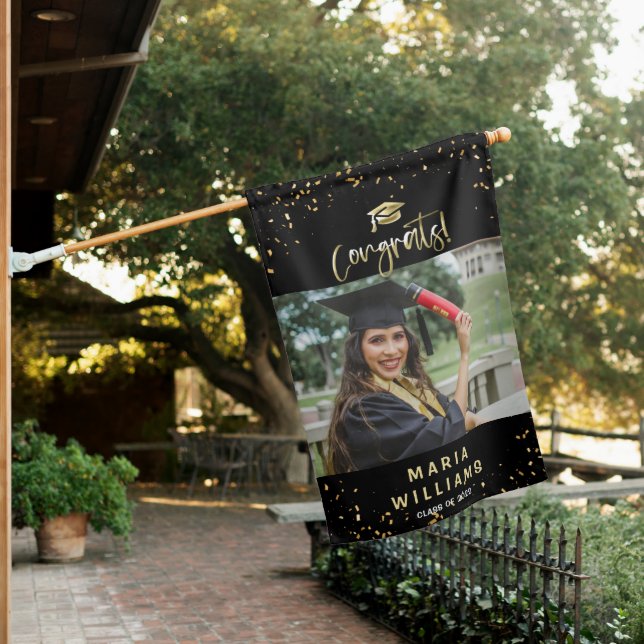 Congrats Grad Black Gold Photo Outdoor House Flag (In SItu)