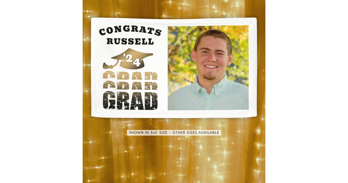 Congrats Grad Black Gold Typography Photo Banner | Zazzle